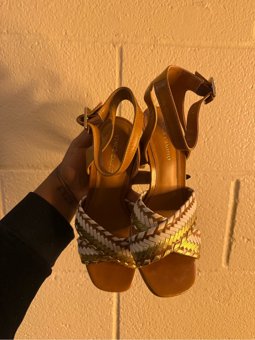 Vince Camuto Brown Leather Braided Strappy Block Heel Sandals